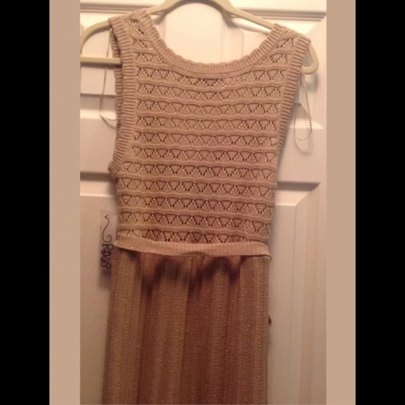 Gorgeous NWT Crochet Tan/Gold Metallic Belted Dress Sz L - Picture 3 of 4